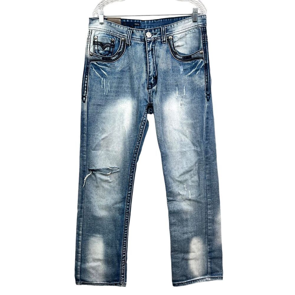 Williamsburg Mens Jeans Slim Fit Distressed Raw Hem 5 Pocket Blue Size W32*